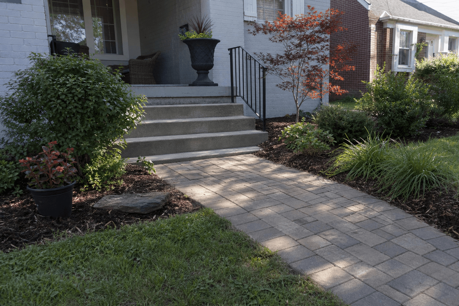 Paver walkway leading to front steps with planted beds.