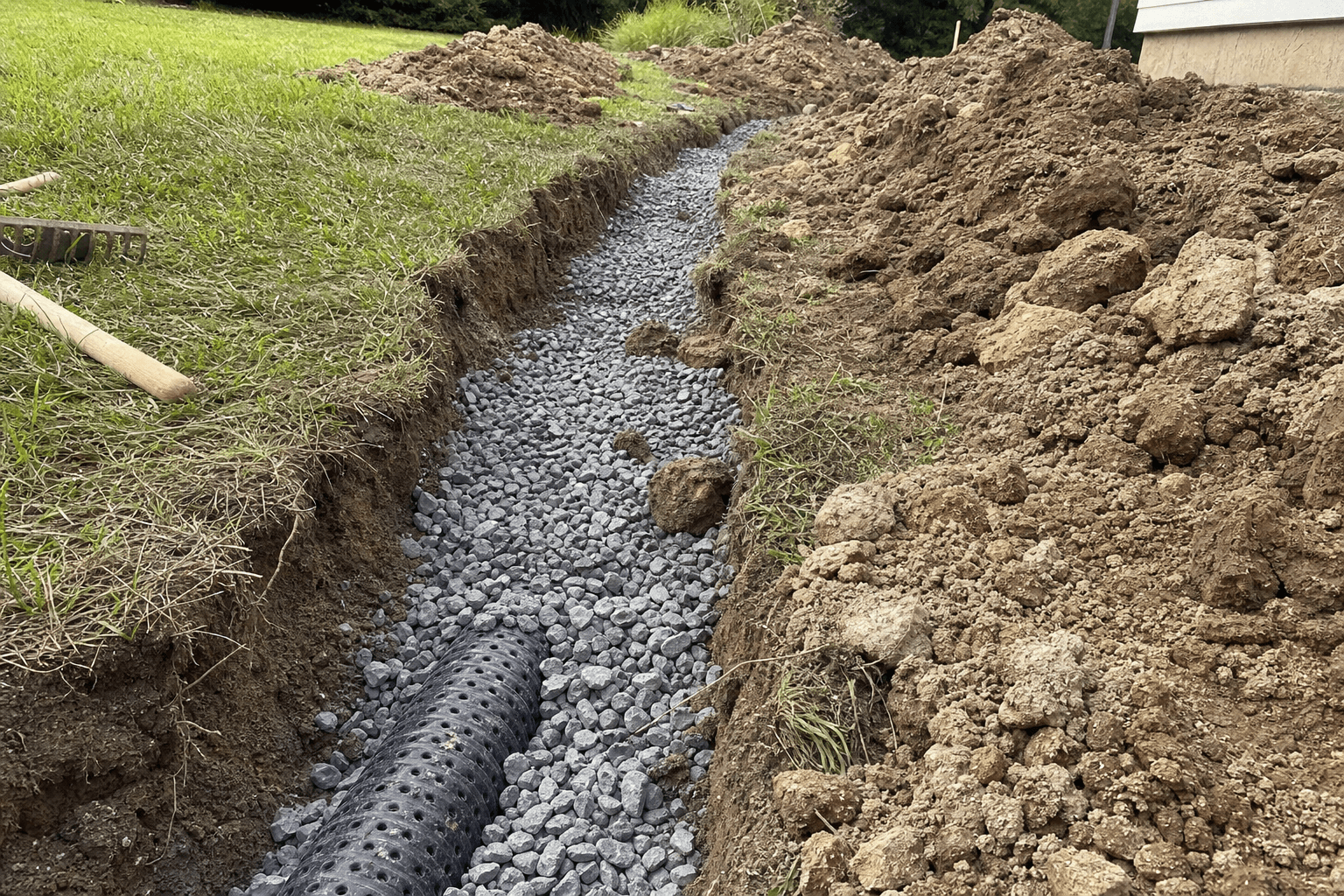 Drainage and grading work during a backyard hardscape project.