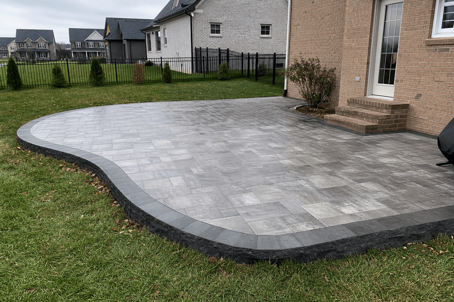 Backyard paver patio with fire pit seating and landscaping.